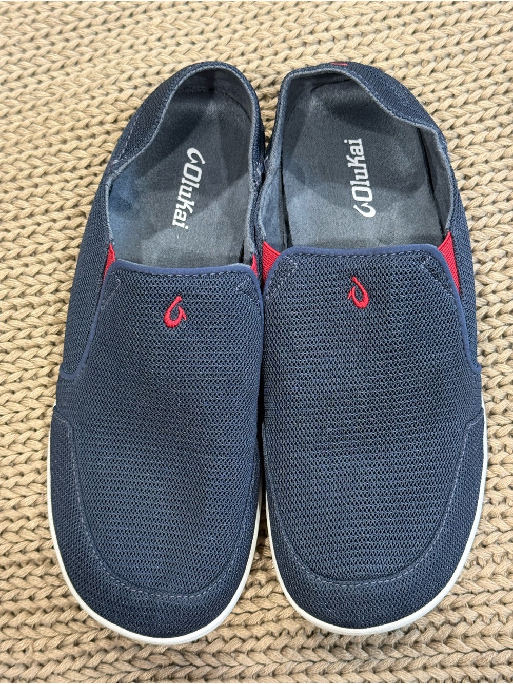 OluKai Navy Slip-On Mesh Loafers with Red Accents